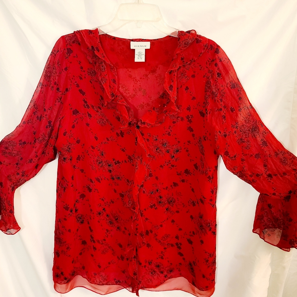 Avenue 100%Silk red blouse  with boho sleeves, and ruffle trim.